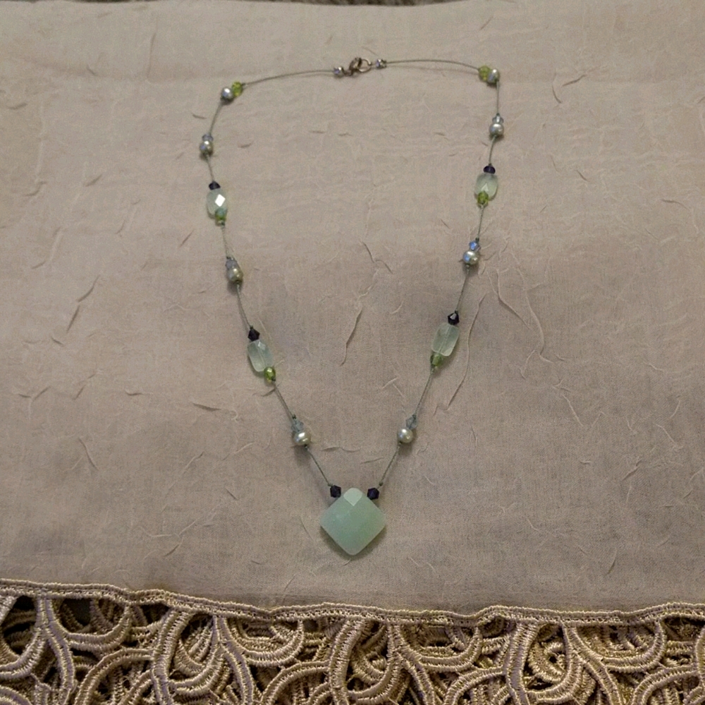 Green Stone & Purple Crystal Necklace